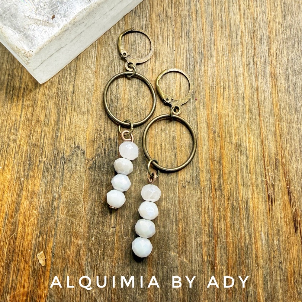 🤠White selenite Bead Drop Hoop Earrings with Antique bronze Rings X- LONG